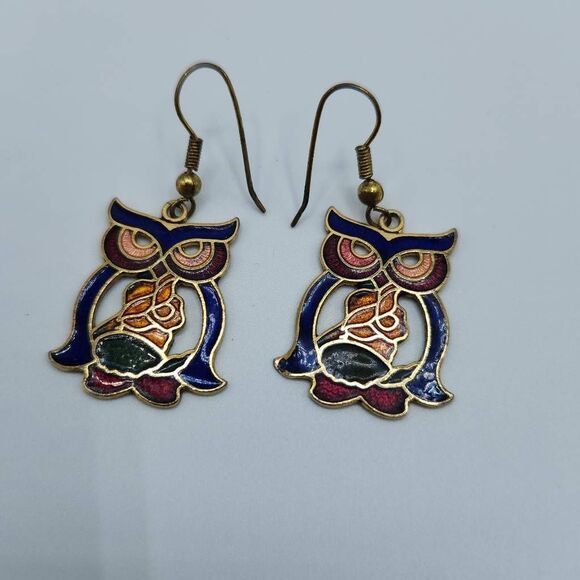 Gold-Tone Metal Multicoloured Enamel Cloisonne Style Owl Dangle Earrings Jewelry - Picture 1 of 5